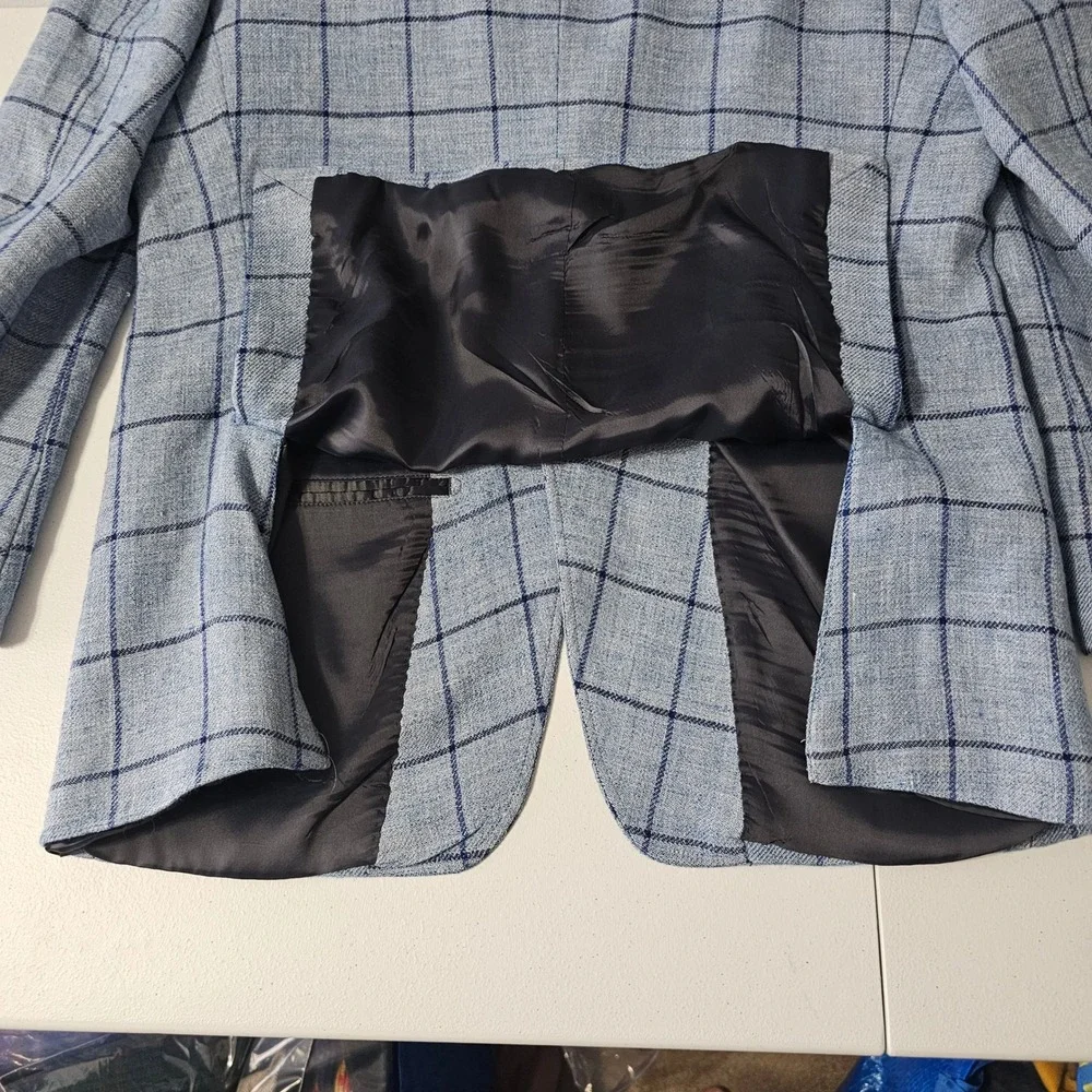 UNTUCKit Bierzo Blazer 42R Blue Windowpane Linen Wool Lanificio F.G Italy Luxury